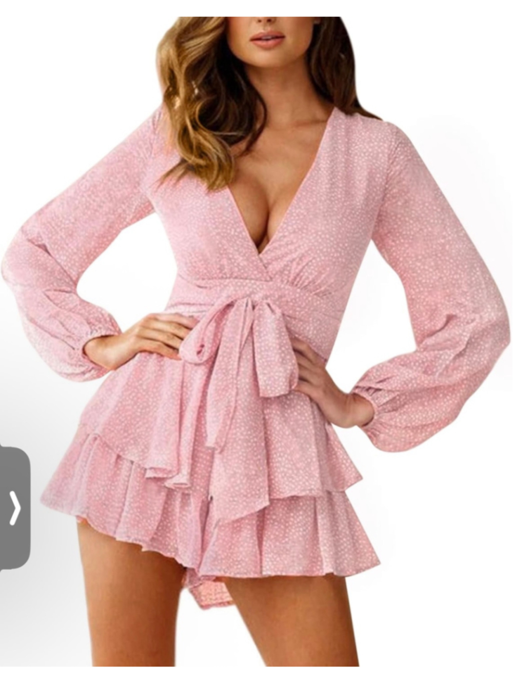 NEW Romper V Neck Long Sleeve Double Layer Ruffle Hem Shorts Dot Print M
